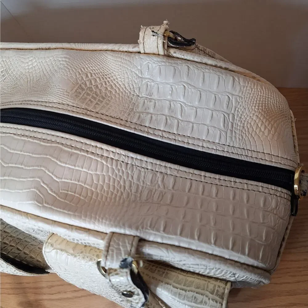 VTG Cream Croc Embossed Pet Carrier Tote Bag Small Dog Cat Mesh Windows Pockets